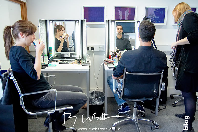 Make-up team Sarah Harrison and Lauren Ward get to work on Denzil Yes Sir Boss - Not Guilty Production Still - Production Photography Dorset