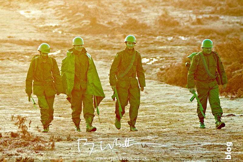 Andy Duerden and his green army men walking Early Morning - Production Photography Dorset