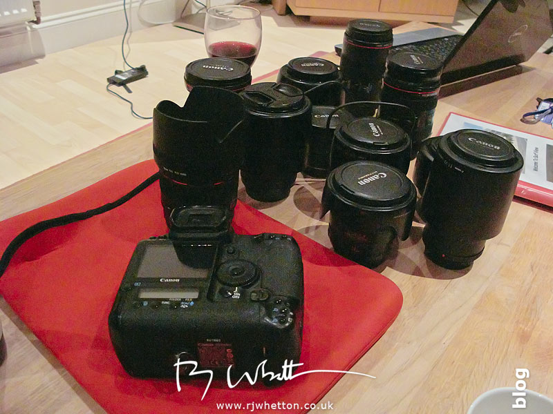 Camera and lenses ready for FoCal - Shot with Canon G9 Canon 1Ds Mark 3 and selection of lenses