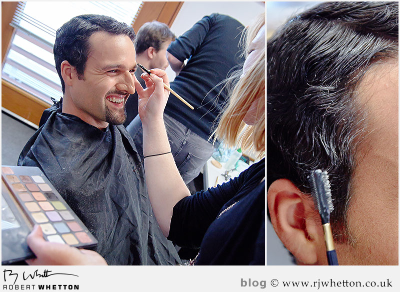 Denzil has the last of his make-up applied Yes Sir Boss - Not Guilty Production Still - Production Photography Dorset