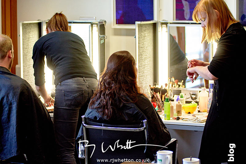 Sarah and Lauren put the finishing touches to the Yes Sir Boss' make-up Yes Sir Boss - Not Guilty Production Still - Production Photography Dorset