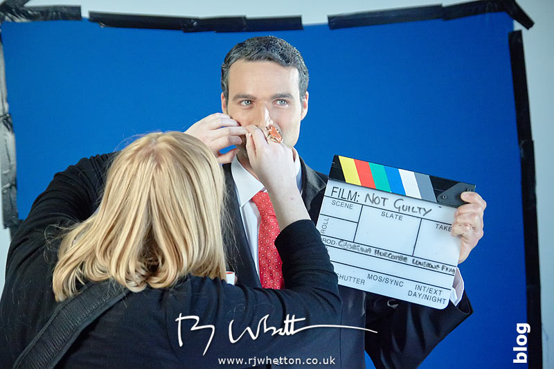 Denzil has a quick Make-up check by Sarah Yes Sir Boss - Not Guilty Production Still - Production Photography Dorset