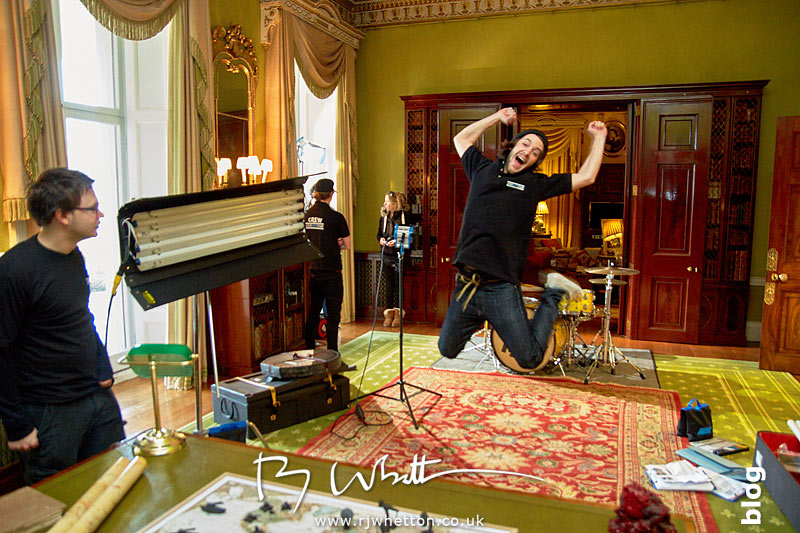 Ross does a happy jump during setup Yes Sir Boss - Not Guilty Production Still - Production Photography Dorset