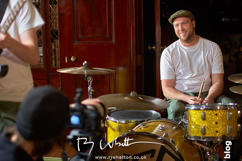 Ross sets up the 70-200 for some tight filming on the drumming Yes Sir Boss - Not Guilty Production Still - Production Photography Dorset