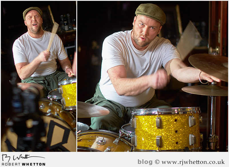 Drummer Reuben going for it on the drums Yes Sir Boss - Not Guilty Production Still - Production Photography Dorset