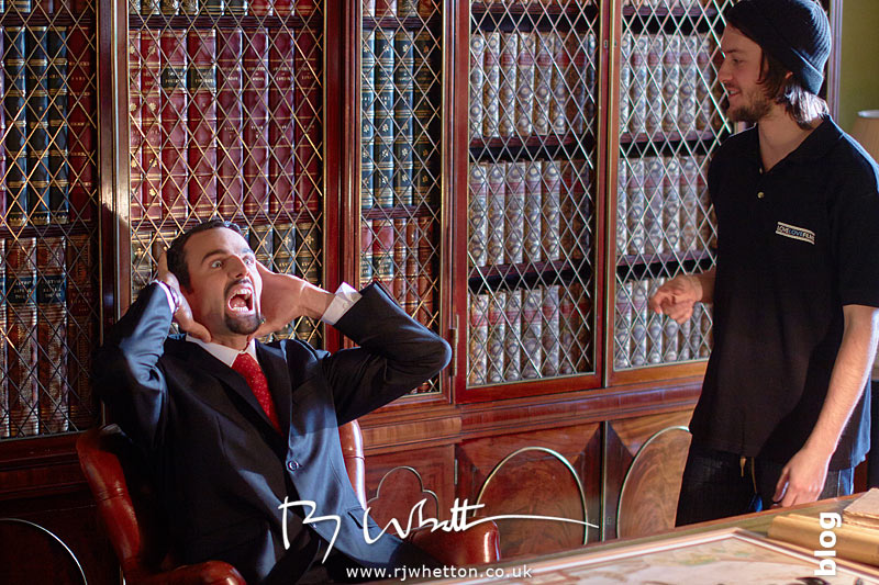 Denzil practising the scream under the watchful eye of Ross Yes Sir Boss - Not Guilty Production Still - Production Photography Dorset