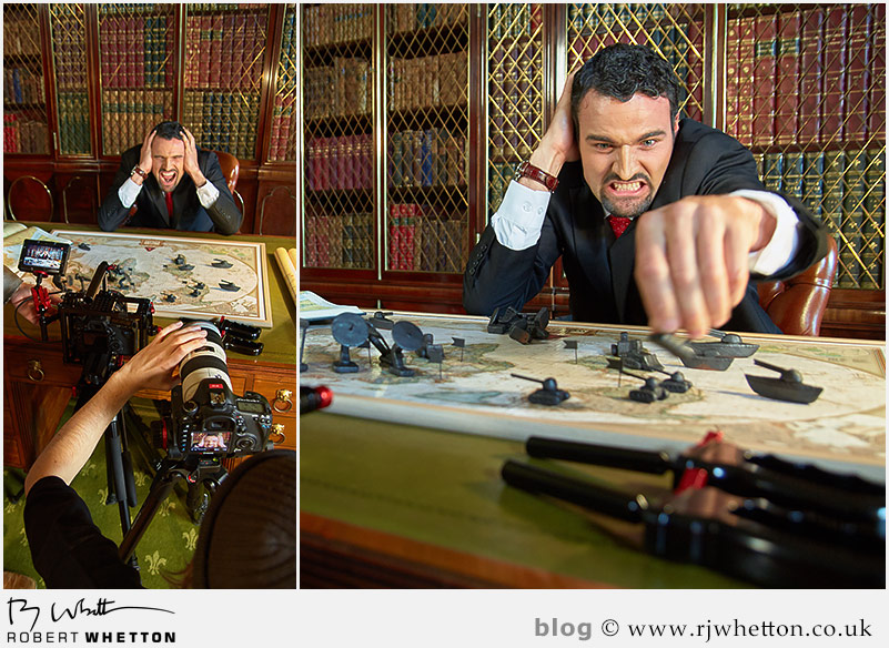 A scene where the villain tries desperately to manoeuvre his assets while under the attack of the Yes Sir Boss team Yes Sir Boss - Not Guilty Production Still - Production Photography Dorset